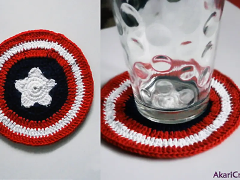 Thread crochet coaster with red, white and blue concentric rings