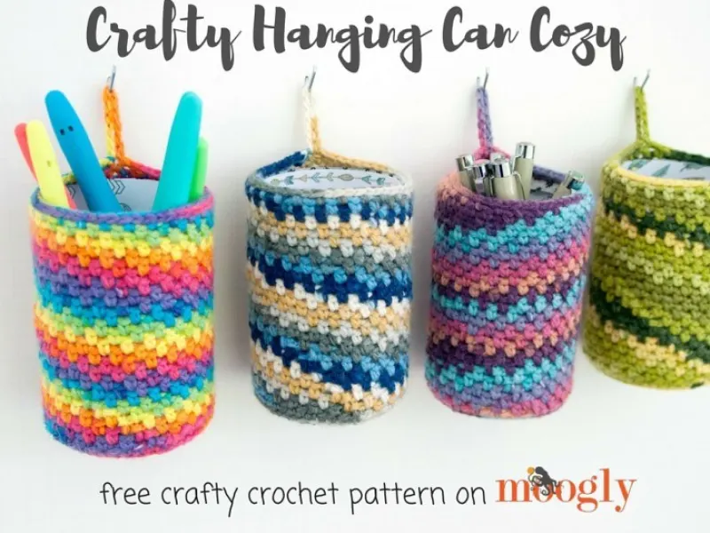 Crochet cozy wrapped around a hanging tin can