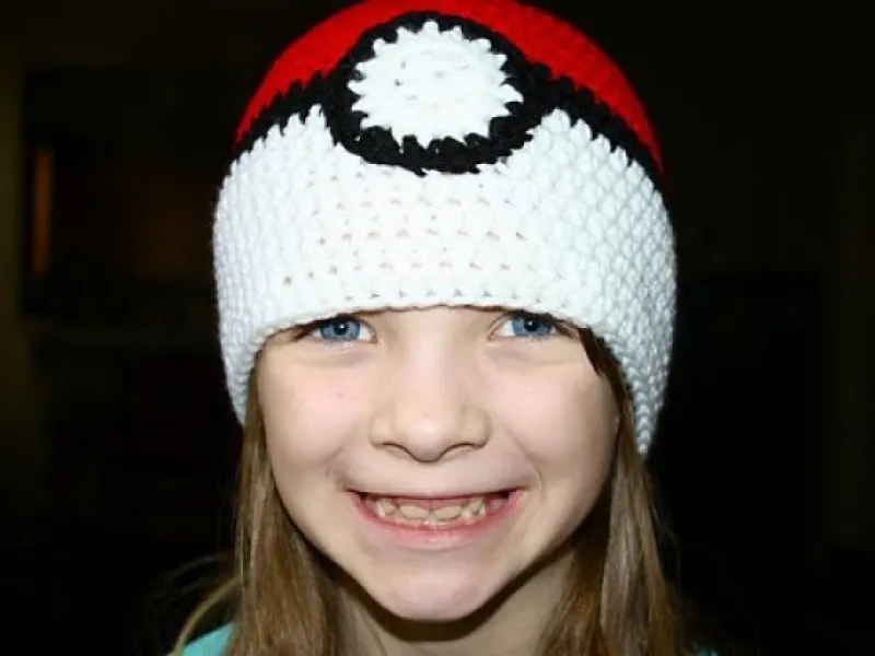Crochet Poke Ball beanie with round white center button