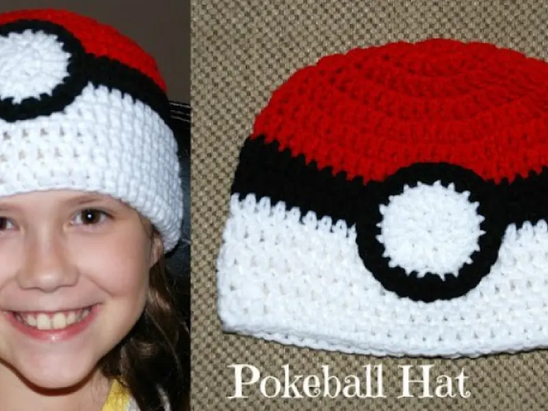 Red and white crochet Pokeball hat with black band