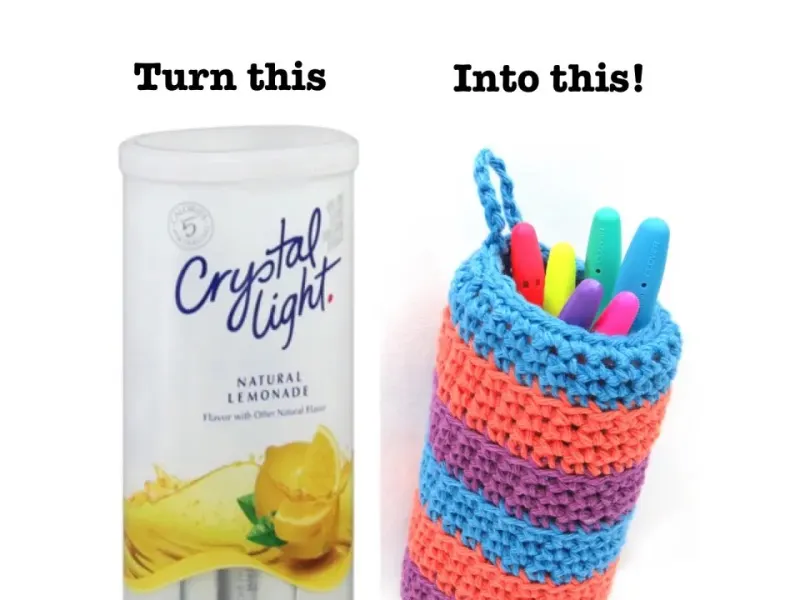 Colorful crochet hanging basket with bright yarn