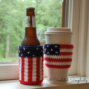 Free Crochet Patterns For American Flag Can Cozy, Mug Cozy, Bottle Cozy, Jar Cozy